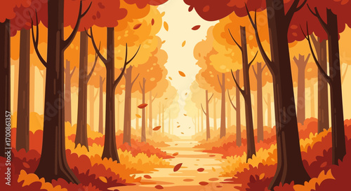 Autumn Forest Path: Warm-toned Cartoon Illustration