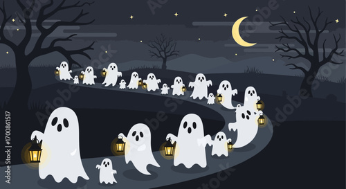 Whimsical Cartoon Ghosts with Glowing Lanterns Parade on a Dark Night Path