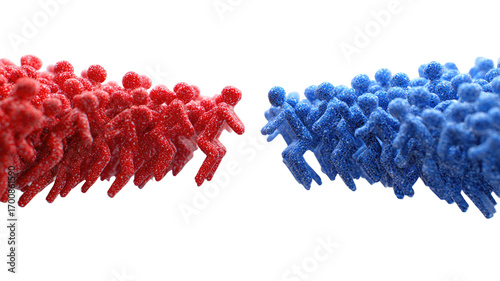 Two opposing masses of tiny figures, red and blue,  in motion