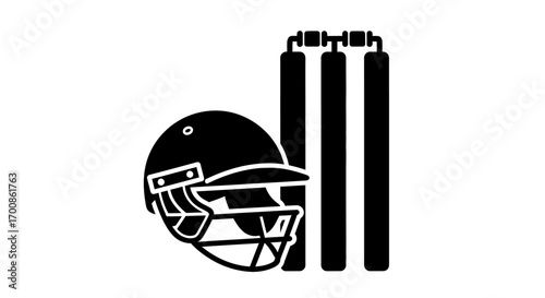 Black Cricket Helmet and Stumps Icon Minimalist Sport Vector Graphic