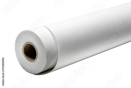 Rolled-up white material.  A continuous sheet of white material, likely paper or fabric, wound tightly around a central cardboard core.  The material appears smooth and even in texture.