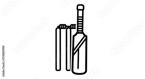 Monochromatic Outline Icon of Cricket Bat Stumps and Bails Ready for Play