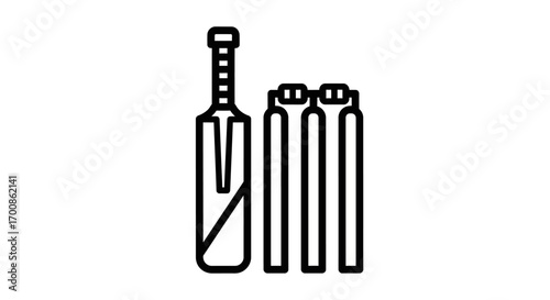Minimalist Outline Icon of Cricket Bat and Wickets on White Background