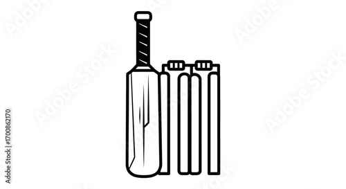 Minimalist Black Outline Cricket Bat and Stumps with Bails Icon