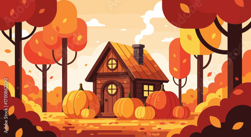 Quaint Wooden Cabin Surrounded by Vibrant Autumn Trees and Pumpkins in Stylized Woods