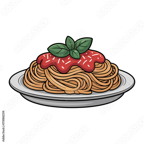 playful vector illustration of a plate of spaghetti with tomato sauce and basil