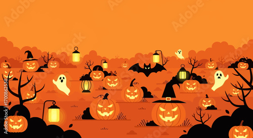 Spooky Halloween night landscape with glowing pumpkins ghosts and a bat in flat illustration style.