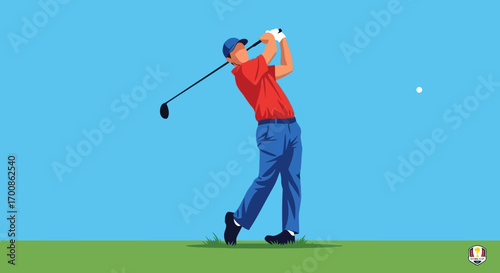 Vibrant vector art of a male golfer's powerful swing ball in mid-flight.