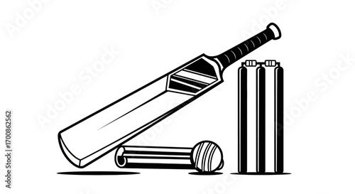 Striking black and white vector graphic of cricket bat wickets and bails arranged for play.