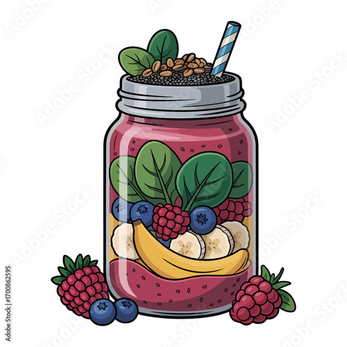 colorful vector illustration of a smoothie jar filled with berries, banana, and spinach