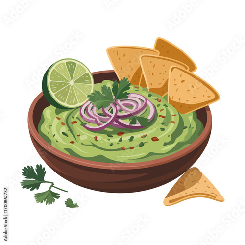 fresh and vibrant bowl of guacamole with tortilla chips, lime, and cilantro garnish