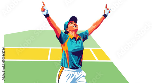 Exultant female cricketer in teal uniform raises arms vector graphic art.