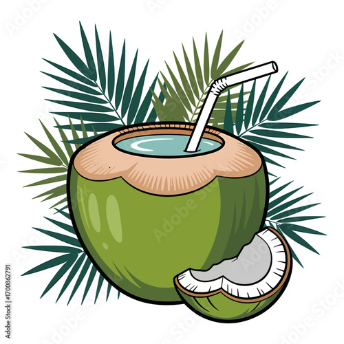vector illustration of fresh coconut water drink with straw and tropical leaves