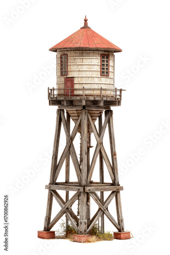 A miniature water tower, light beige/cream colored, sits atop a wooden structure. The tower has a small, red-roofed cupola and a small window.  Wooden support beams create a sturdy base