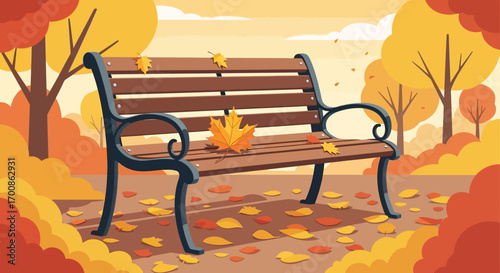 Peaceful autumn park scene with an empty bench and scattered colorful maple leaves.