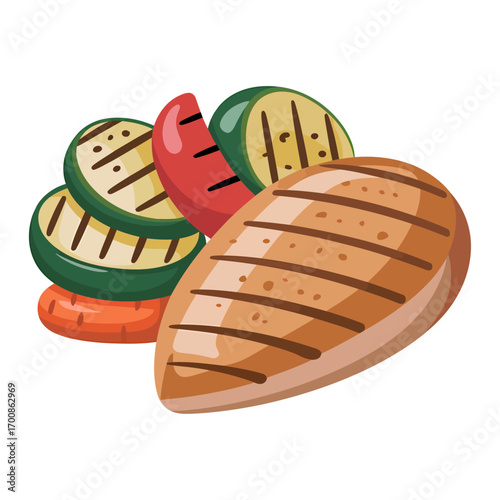 vector illustration of grilled chicken breast with vegetables on the side