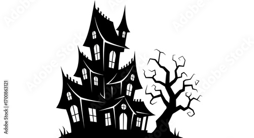Stylized Haunted House with Barren Tree in Black and White Silhouette