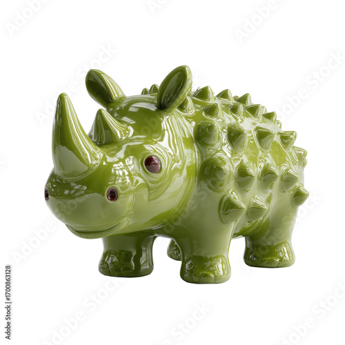 Glossy green rhino figurine, detailed with spikes, small eyes, and shiny glaze
