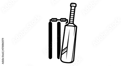 Minimalist vector illustration of cricket equipment: bat stumps bails.