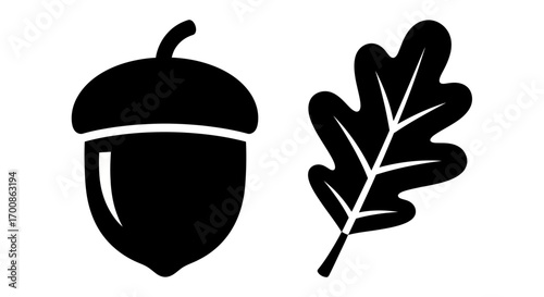 Simple black silhouette icon of an acorn and an oak leaf on white.