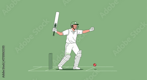 Minimalist vector illustration of triumphant cricketer celebrating a run on green pitch.