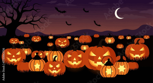 Spooky Halloween Night: Glowing Jack-o'-lanterns in Field