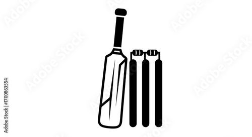 Flat Design Icon: Cricket Bat and Wickets Standing on White Background