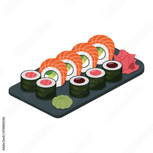 vector illustration of a sushi platter with salmon, tuna, and wasabi