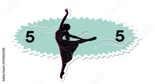 Silhouette of a ballerina in a dress with two number fives on a sticker