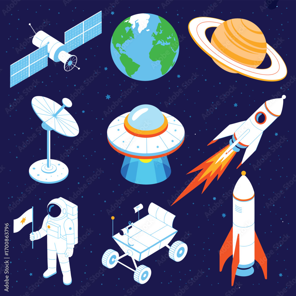 Naklejka premium Space exploration and discovery with planets rockets and astronauts