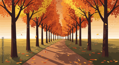 Peaceful Fall Path Lined by Golden Orange Trees and Scattered Leaves