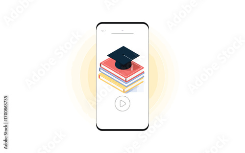 Smartphone displaying graduation cap on stack of books symbolizing online education