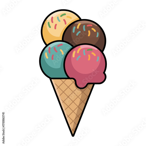 vector illustration of a deluxe ice cream cone with colorful scoops and sprinkles