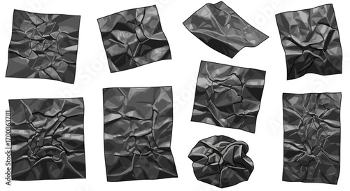 Collection of eight crumpled sheets of paper in grayscale illustration