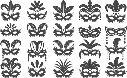 A collection of black silhouette carnival masquerade mask icons for festival and party events