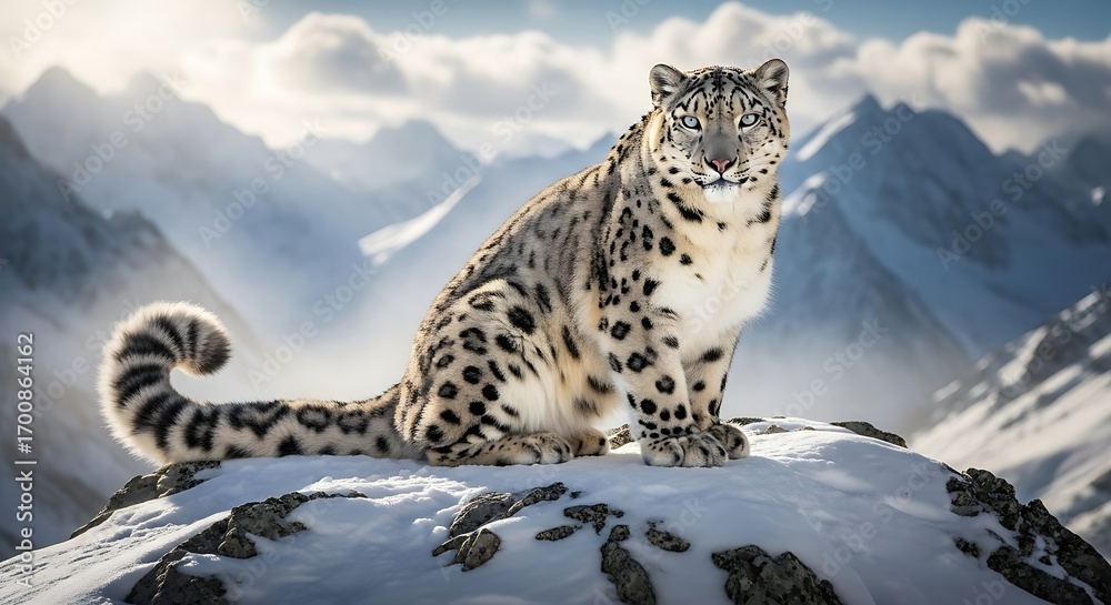 Fototapeta premium A majestic snow leopard sits regally on a snow-covered rocky outcrop, surveying the vast, sun-drenched mountain range behind it.