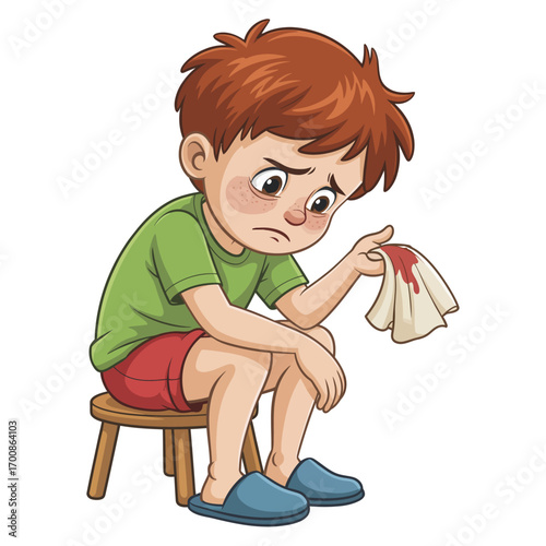 Sad boy holding bloody tissue after injury
