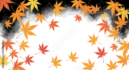 Illustration of scattered maple leaves with a dark smoky background effect
