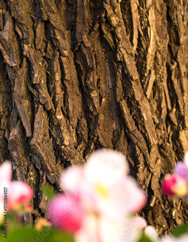 Close-up tree bark with blurred flowers