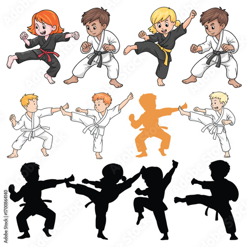Children practicing martial arts in various poses and styles