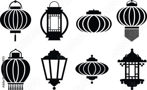 A diverse set of traditional Chinese lantern silhouettes, vector graphic icons for cultural events