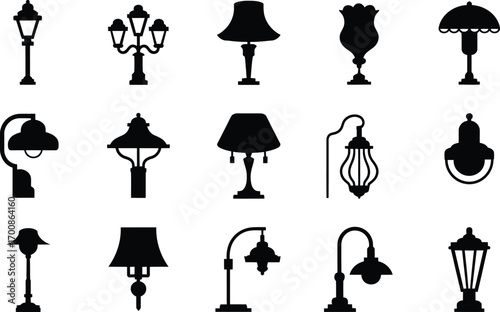 Diverse collection of isolated light fixture silhouettes, featuring classic street and table lamps