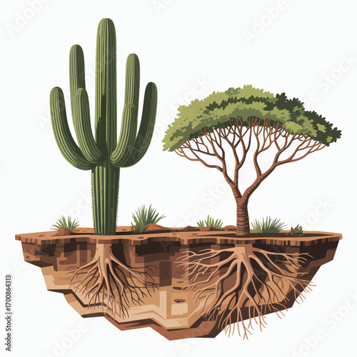 Illustration of a floating island with a saguaro cactus and acacia tree with exposed roots
