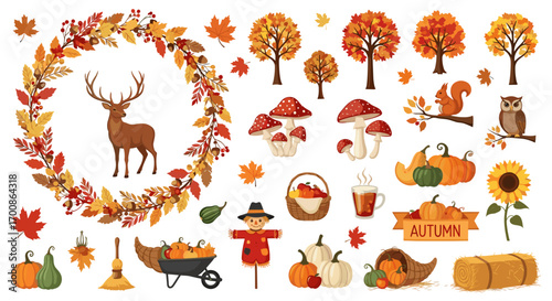 Autumnal arrangement featuring deer, leaves, pumpkins, and other elements
