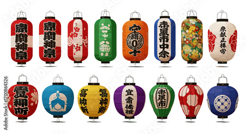 A collection of fifteen colorful japanese lanterns with various designs