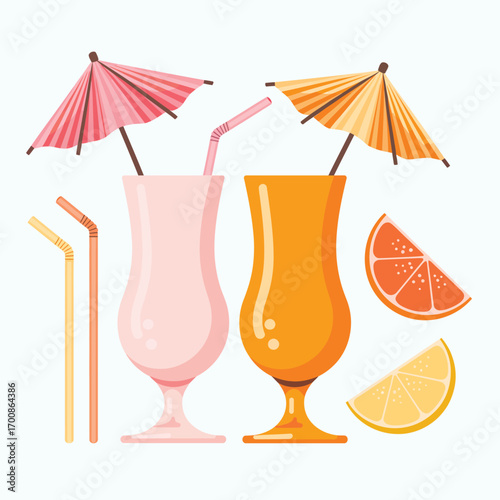 Tropical cocktails with fruit slices and umbrellas on a white background
