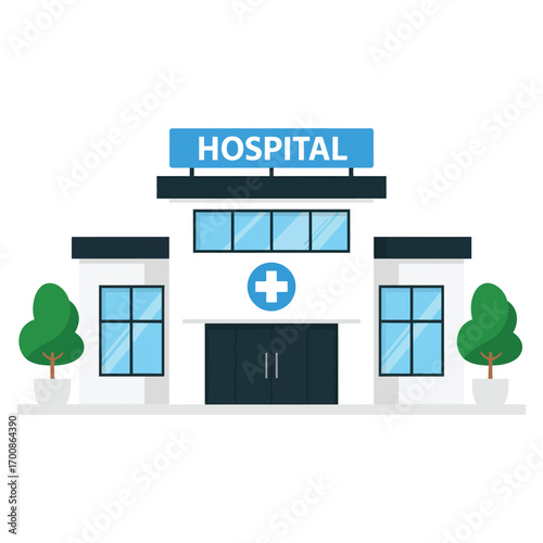 Modern hospital building with trees and blue sign