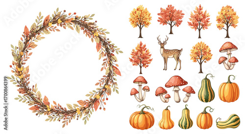 Watercolor autumn wreath with trees deer mushrooms and pumpkins artwork
