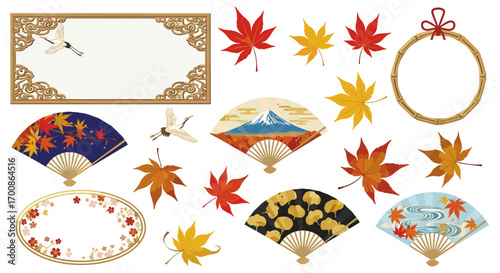 Illustration of japanese fans maple leaves and decorative frames on white