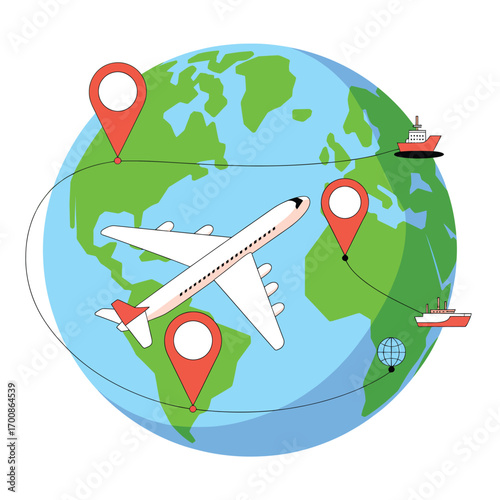 Airplane flying around the world with travel destination pins